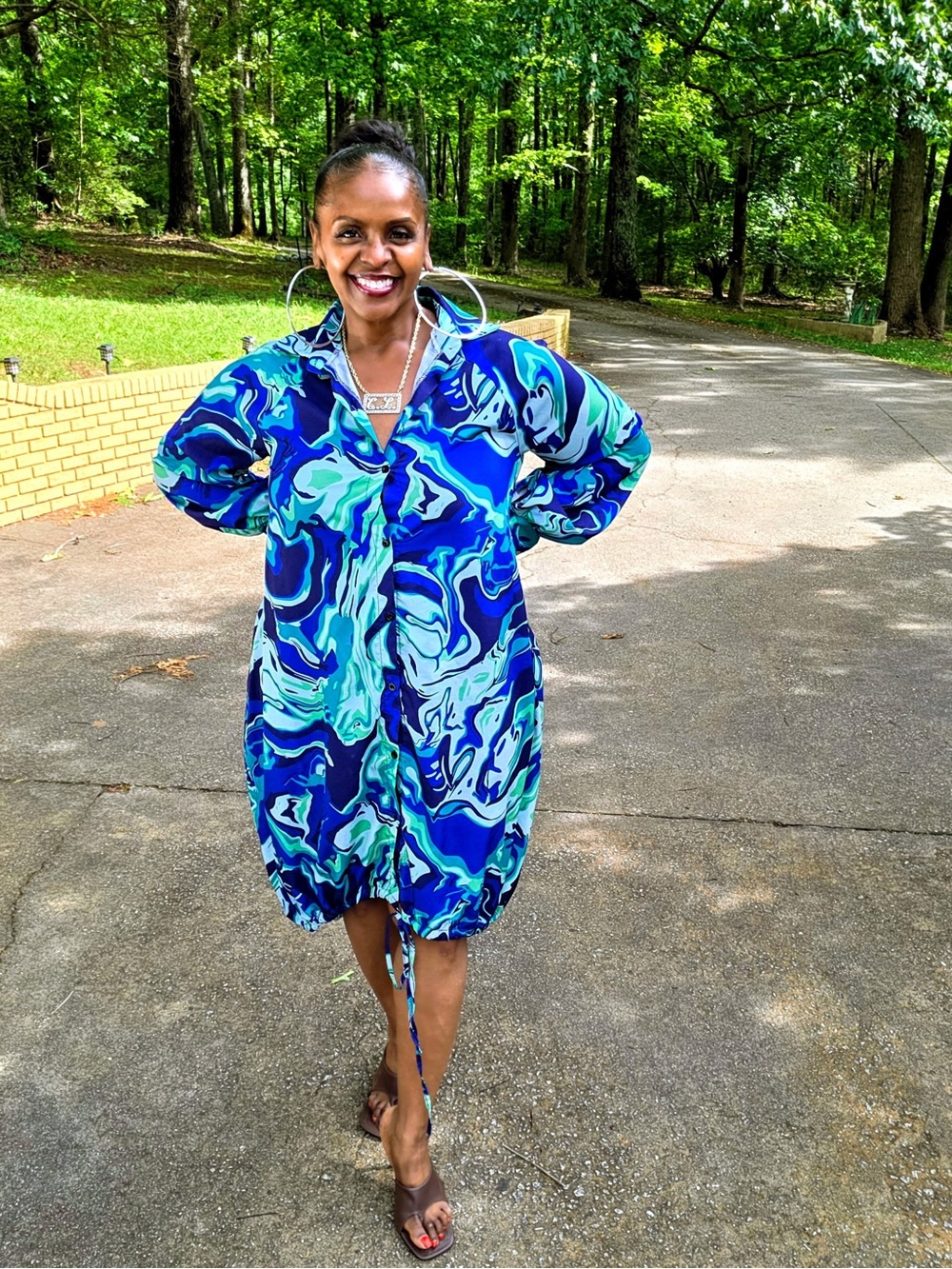 Blue & Green Abstract Button-Up Drawstring Dress